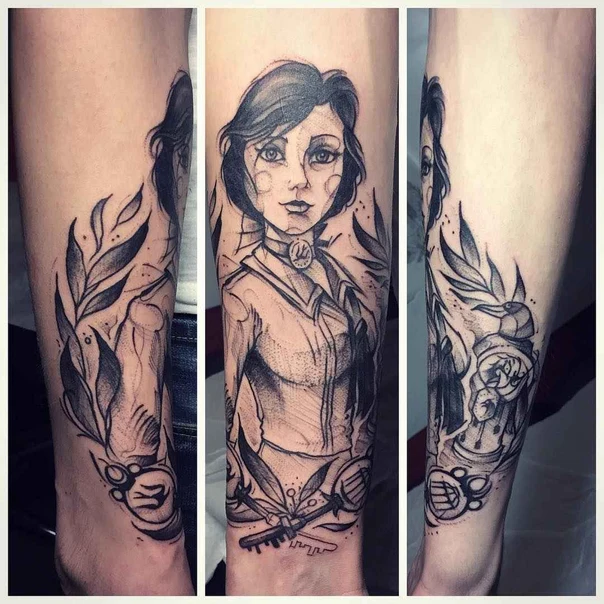 Black & Grey Portrait, Floral tattoo on Forearm