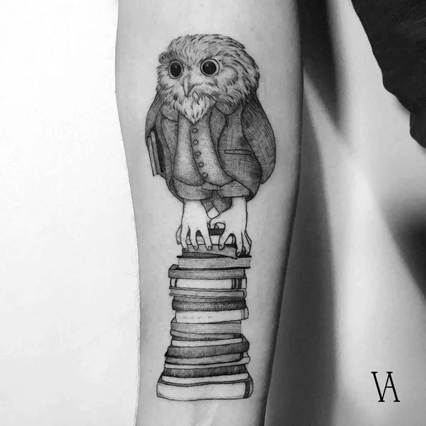 Illustrative Owl, Books tattoo on Forearm