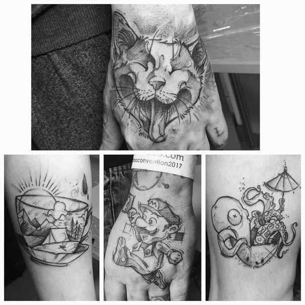 Sketch Cat, Mario tattoo on Back of Hand