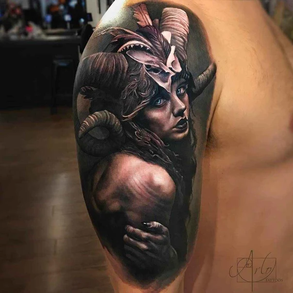 Realism Demon, Horns tattoo on Full Sleeve