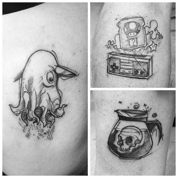 Sketch Octopus, Video game tattoo on Back