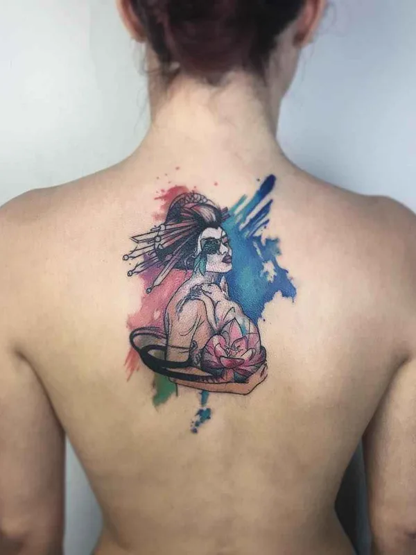 female color illustrative tattoo on upper back #7584 | Tattoo Artist Yeliz Ozcan