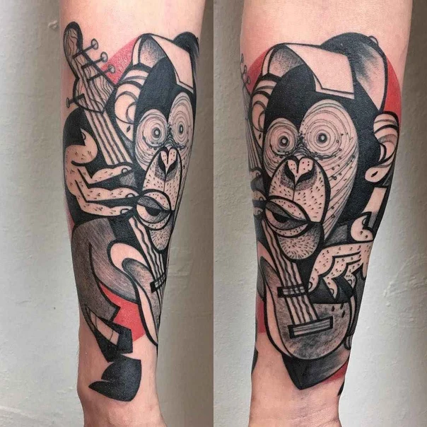 Illustrative Monkey, Guitar tattoo on Forearm