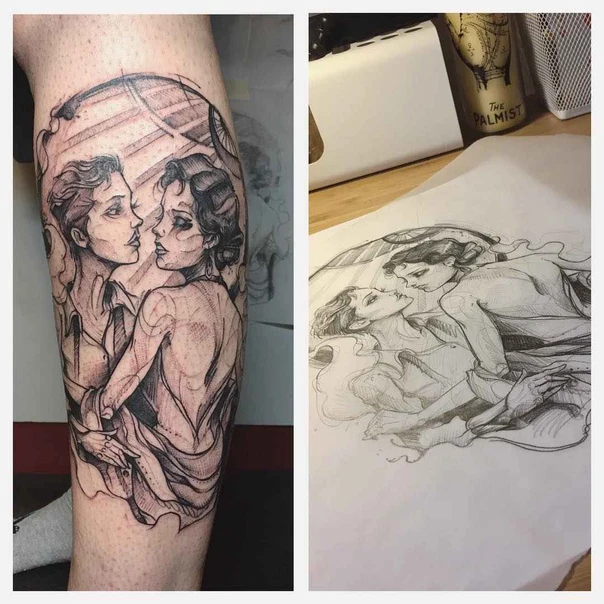 Illustrative People, Portrait tattoo on Calf