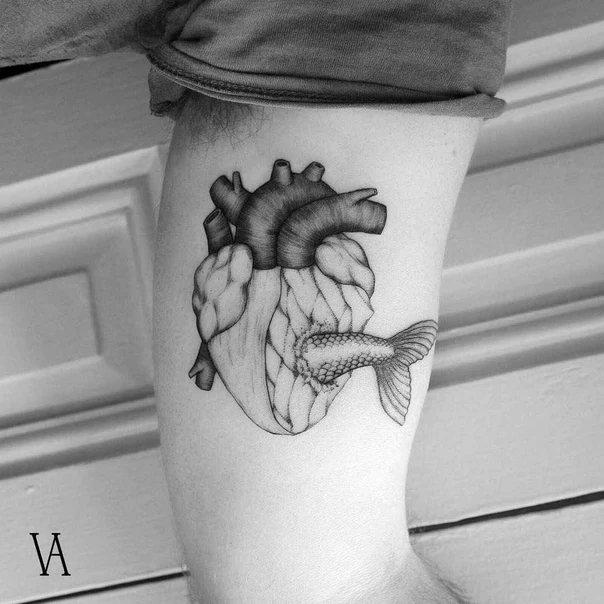 Blackwork Heart, Fish tattoo on Forearm