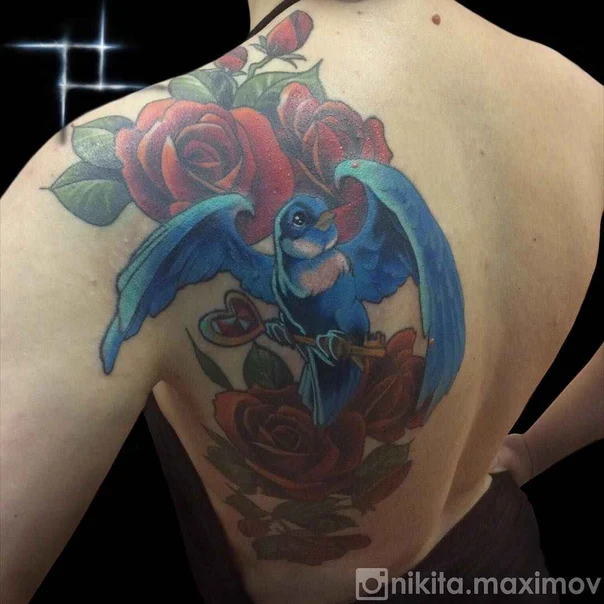 Neo Traditional Bird, Roses tattoo on Upper Back