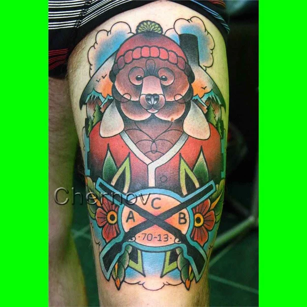 Традиционная Bear, Mountains tattoo на Thigh
