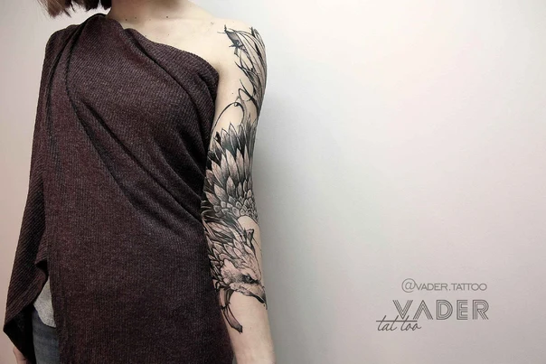 Блэкворк Bird, Wings tattoo на Полный рукав