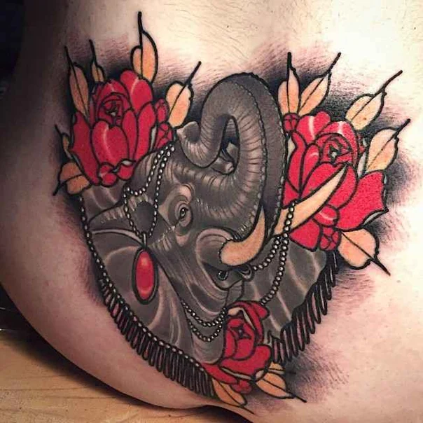 Neo Traditional Elephant, Rose tattoo on Thigh