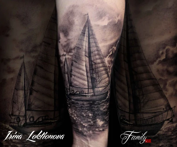 Чёрно-серая Boat, Ocean tattoo на Предплечье