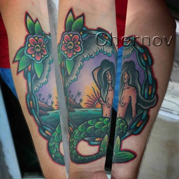 Нео-традиционная Mermaid, Flower tattoo на Предплечье