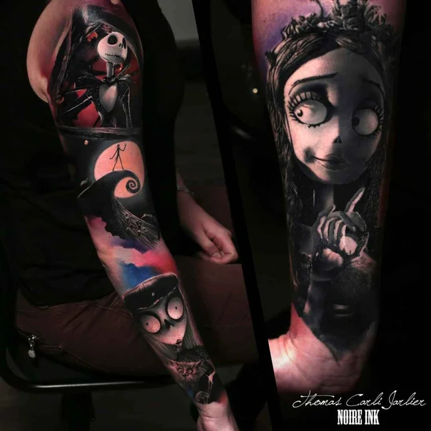 Black & Grey Jack skellington, Corpse bride tattoo on Full Sleeve