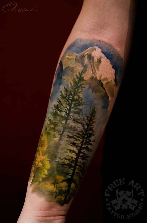 Watercolor Trees, Mountain tattoo on Forearm