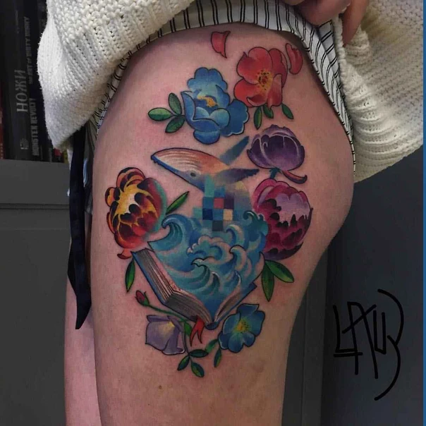 Illustrative Flowers, Whale tattoo on Thigh