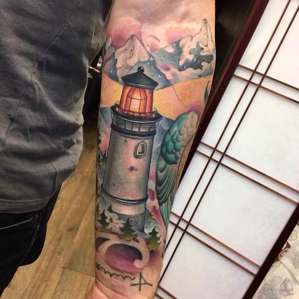 Иллюстративная Lighthouse, Landscape tattoo на Предплечье