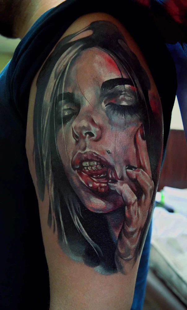 Realism Portrait, Face tattoo on Upper Arm