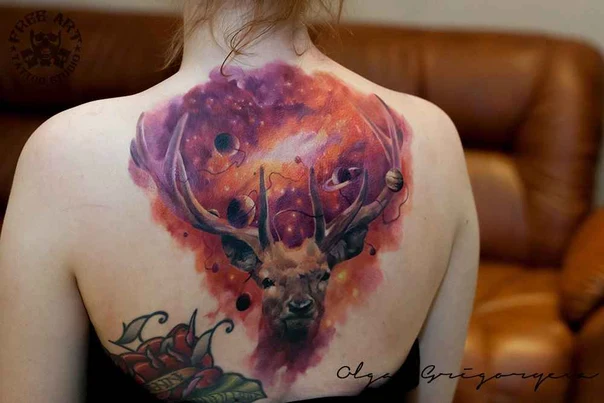 Watercolor Deer, Galaxy tattoo on Upper Back