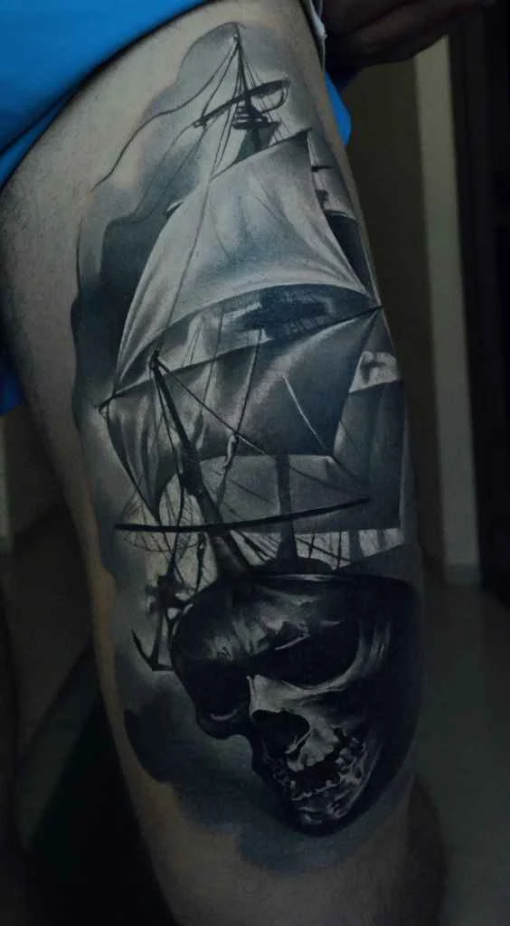 Realism Skull, Ship tattoo on Thigh