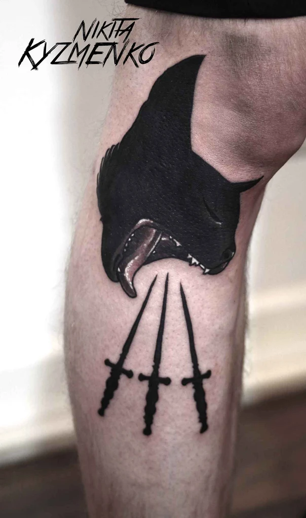 Blackwork Animal, Sword tattoo on Calf