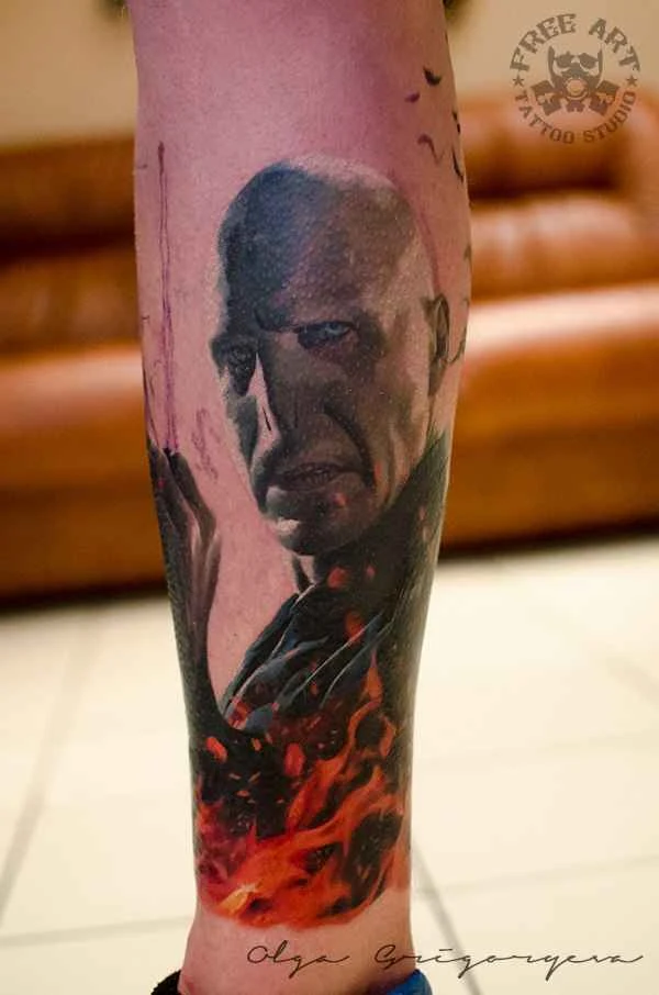 Realism Portrait, Fire tattoo on Calf