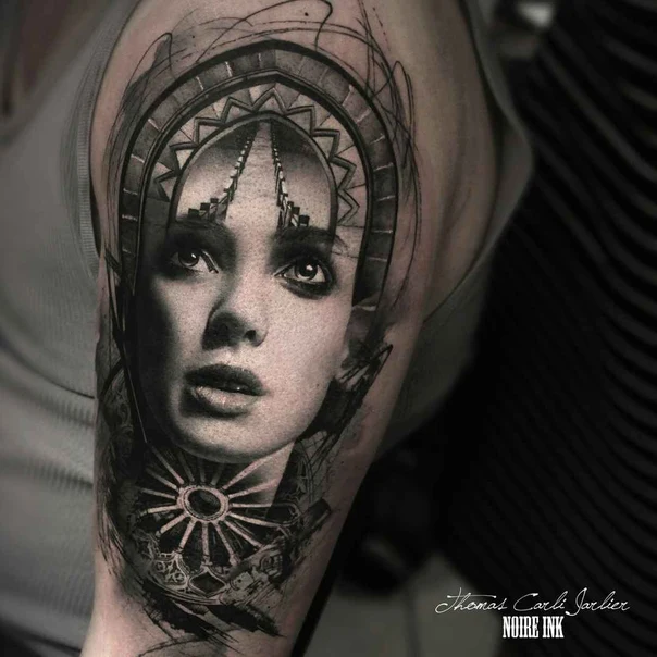 Black & Grey Portrait tattoo on Upper Arm