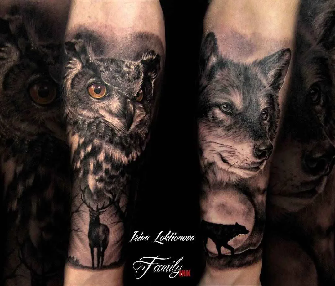 This tattoo features a detailed owl and wolf portrait with a deer and moon scene, all rendered in a realistic black and grey style.