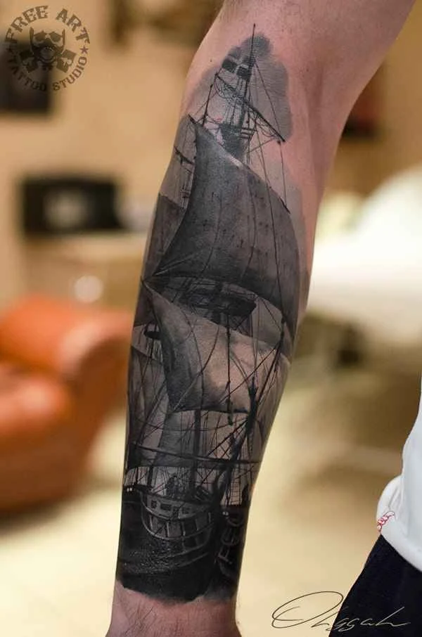 Realism Ship tattoo on Forearm