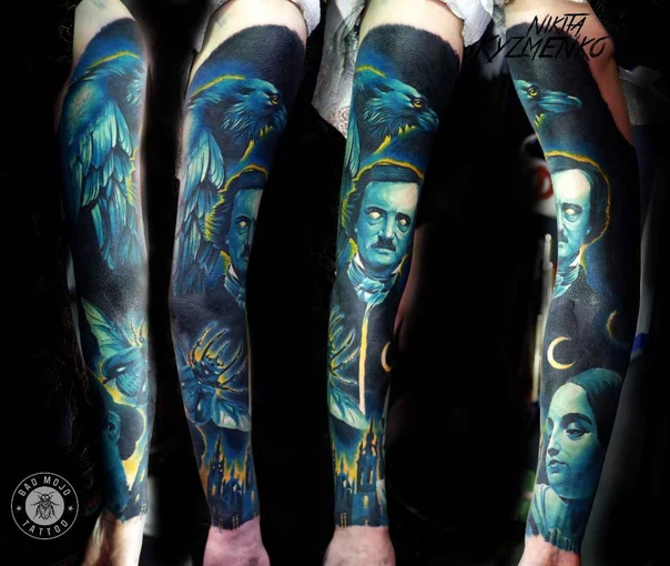 Realism Raven, Portrait tattoo on Full Sleeve