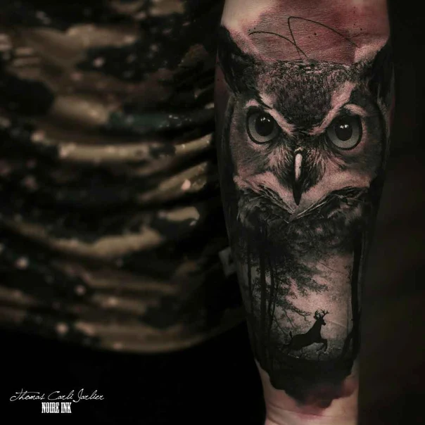 Realism Owl, Forest tattoo on Forearm