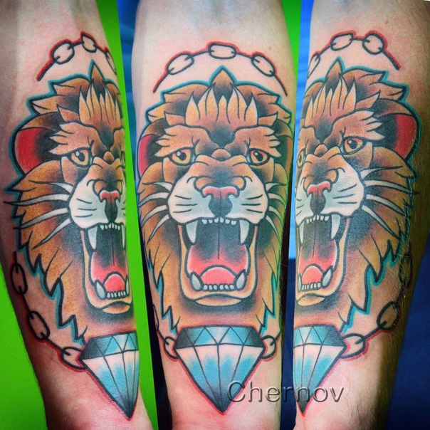Traditional Lion, Diamond tattoo on Forearm