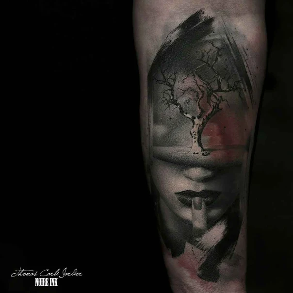 Black & Grey Face, Tree tattoo on Forearm