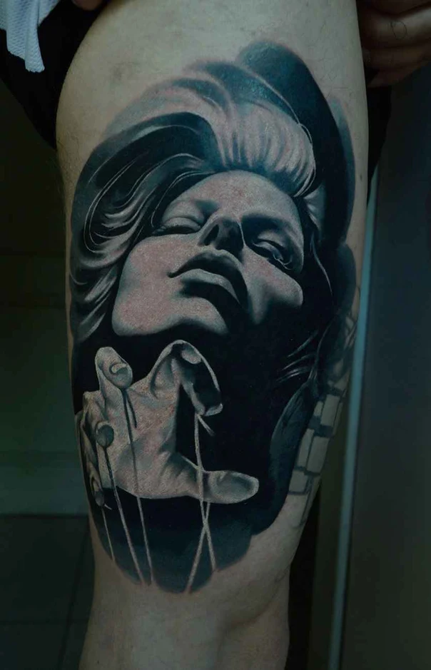 Realism Portrait, Puppet tattoo on Thigh