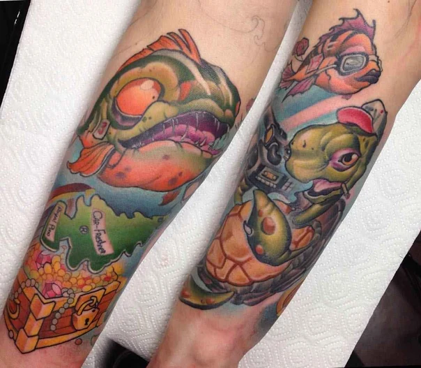 Нью-скул Fish, Turtle tattoo на Предплечье