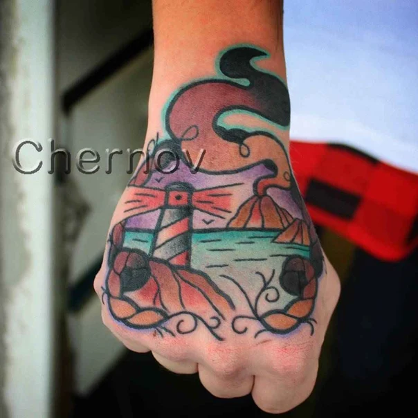 Traditional Lighthouse, Landscape tattoo on Back of Hand