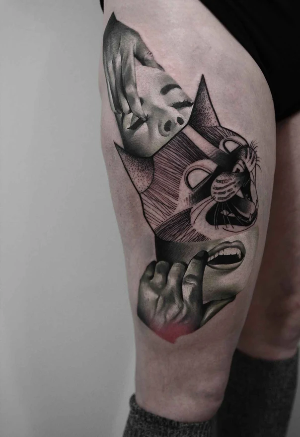 Black & Grey Face, Hands tattoo on Thigh
