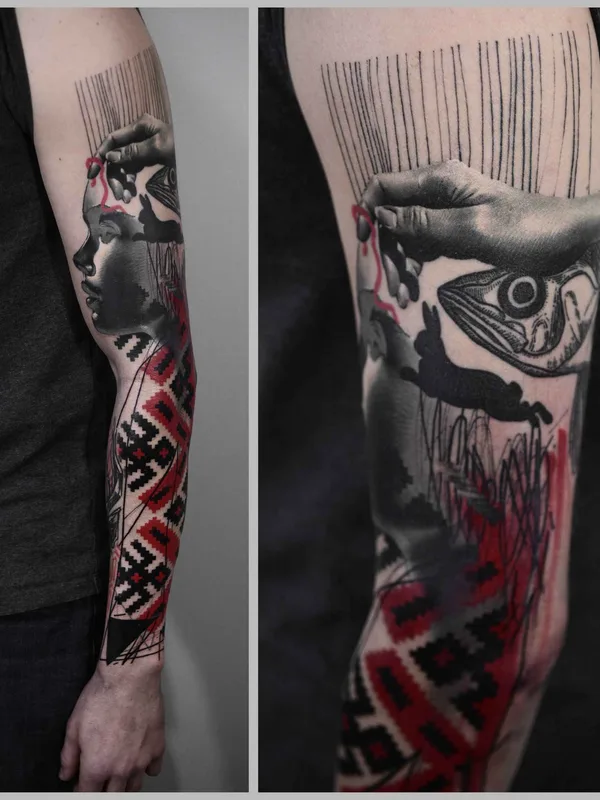 black and grey illustrative 纹身 在 full sleeve #7481 | 纹身师 Тимур Лысенко