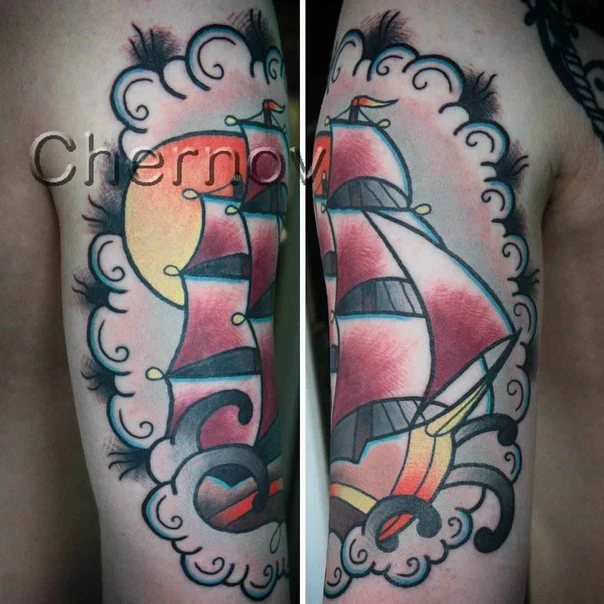 Олд-скул Ship, Clouds tattoo на Предплечье