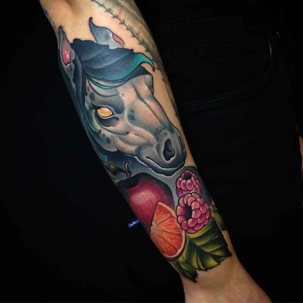 Neo Traditional Horse, Fruit tattoo on Forearm
