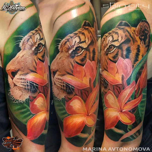 Реализм Tiger, Flower tattoo на Полный рукав
