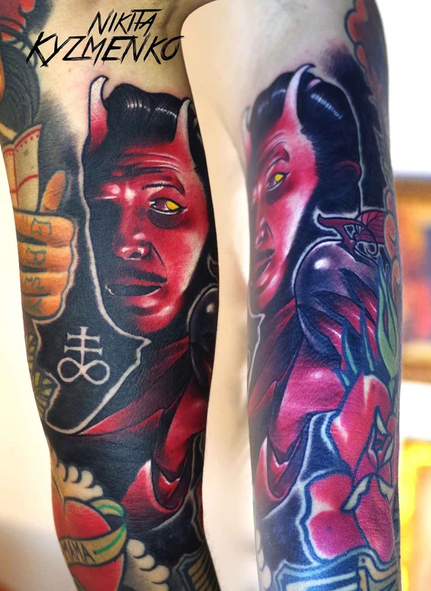 Neo Traditional Devil, Flowers tattoo on Full Sleeve