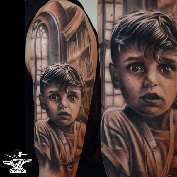 Realism Portrait, Child tattoo on Full Sleeve