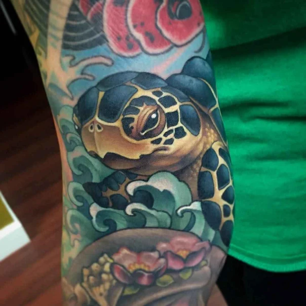 Japanese Turtle, Waves tattoo on Full Sleeve