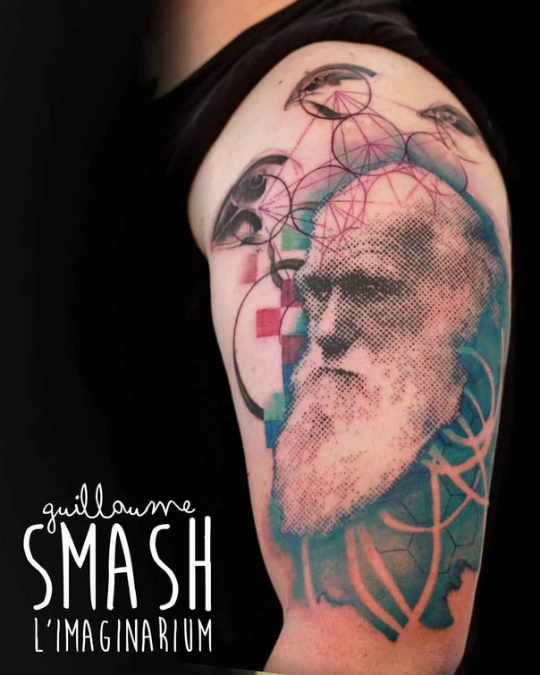Realism Portrait, Geometric shapes tattoo on Upper Arm