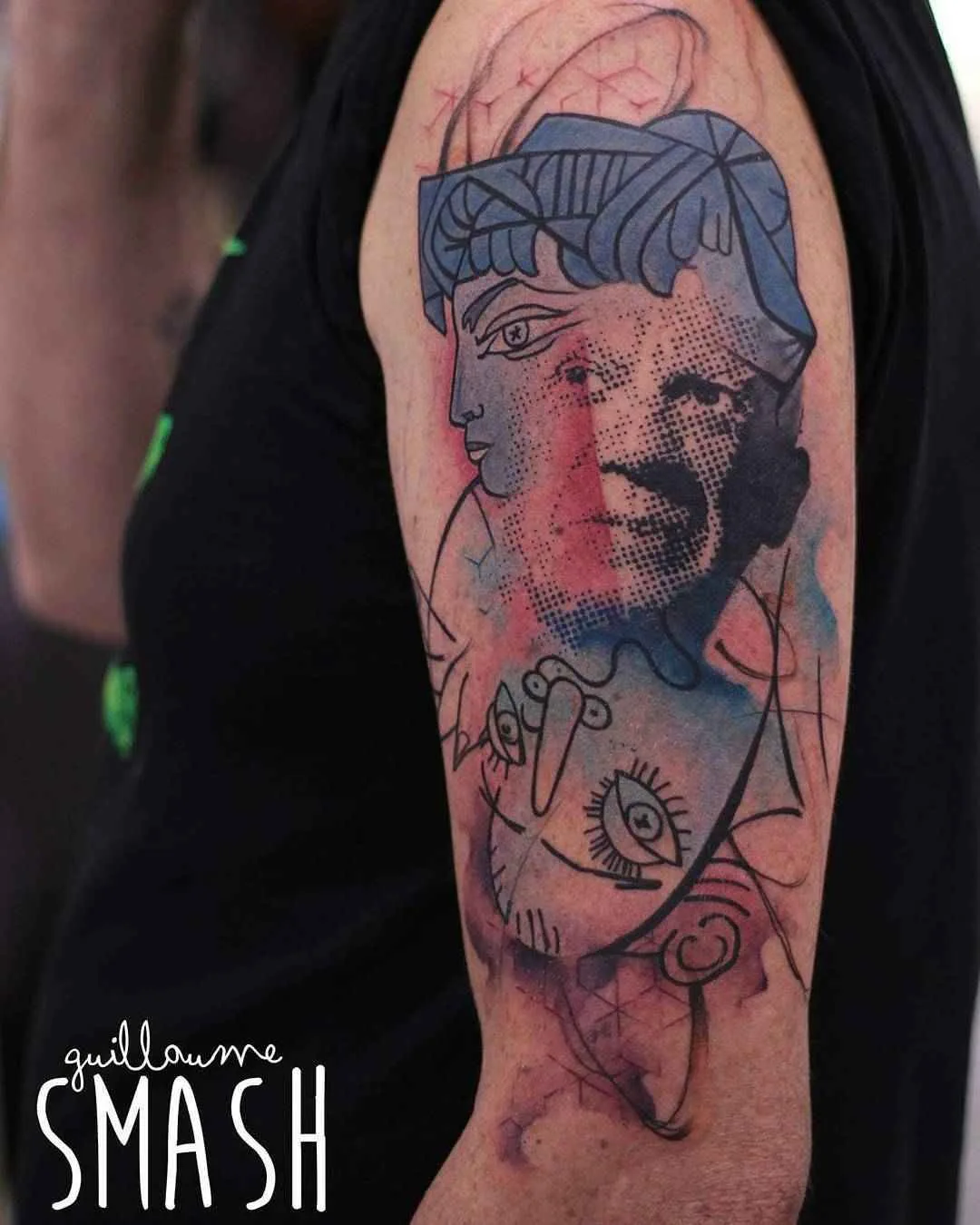 Tattoo artist Guillaume Smash color abstract watercolor tattoo in authors style | France
