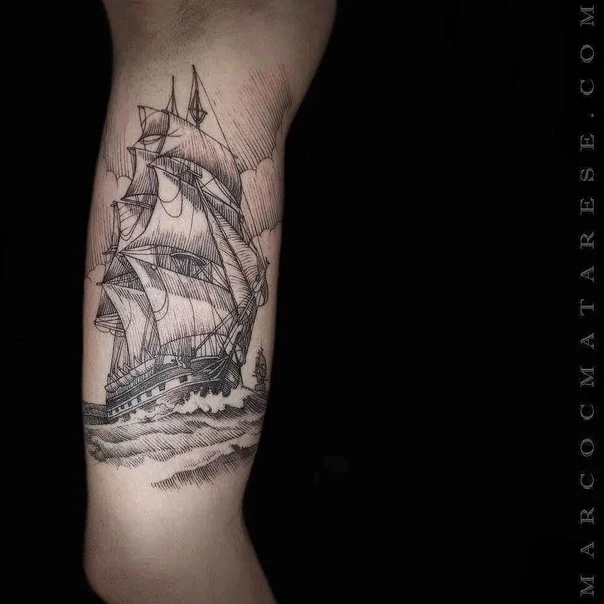 Engraving Ship, Waves tattoo on Forearm