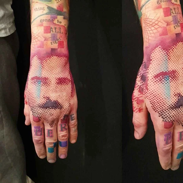 Pop art Portrait, Lettering tattoo on Hand