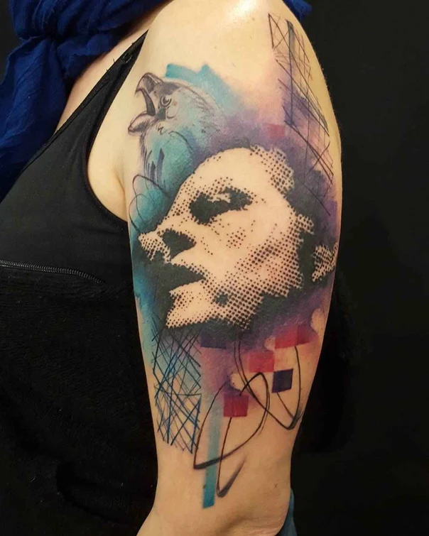 Abstract Face, Eagle tattoo on Upper Arm