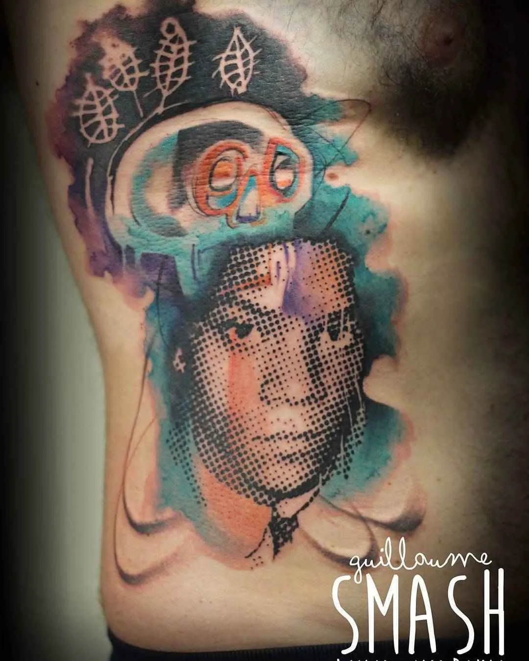 Tattoo artist Guillaume Smash color abstract watercolor tattoo in authors style | France