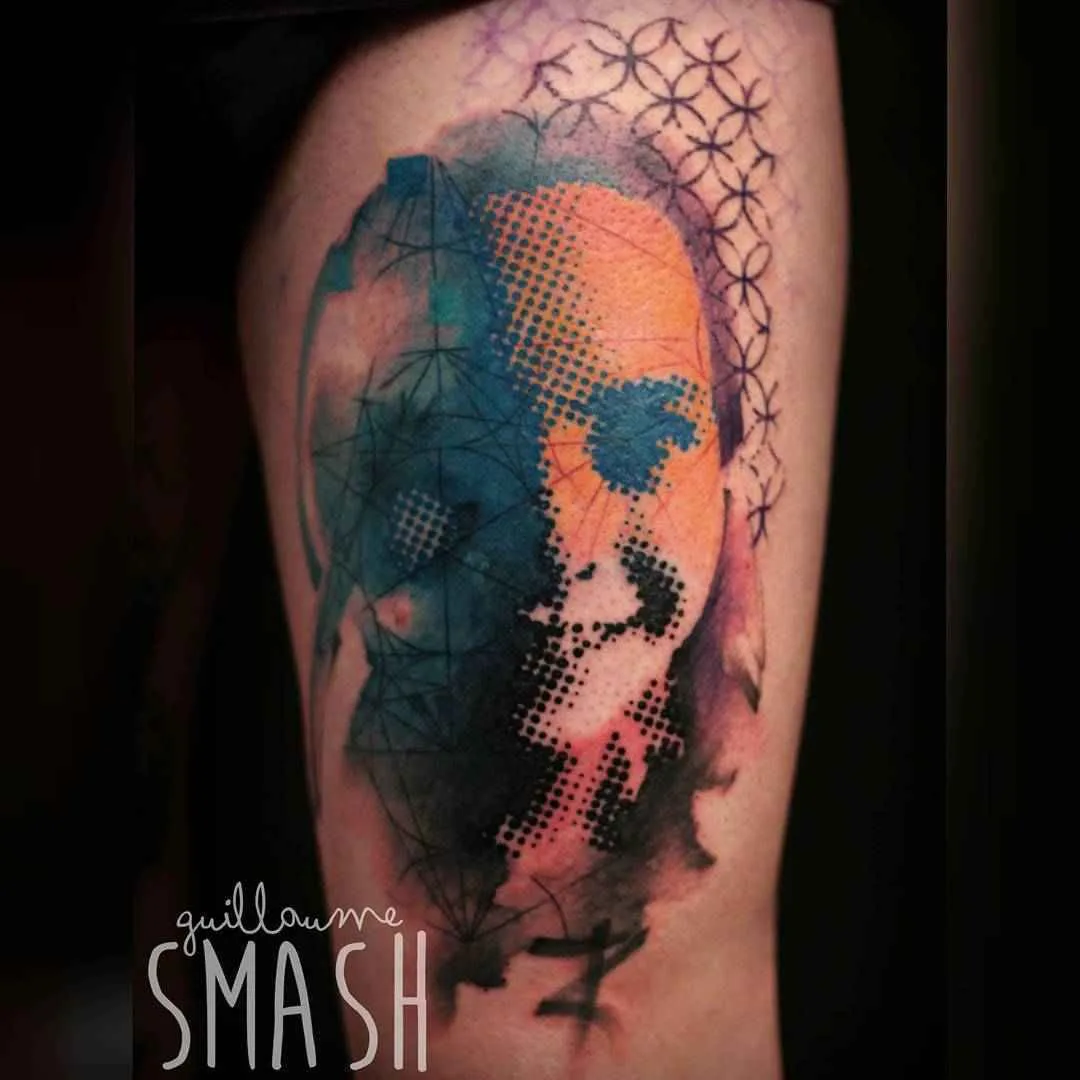 Tattoo artist Guillaume Smash color abstract watercolor tattoo in authors style | France