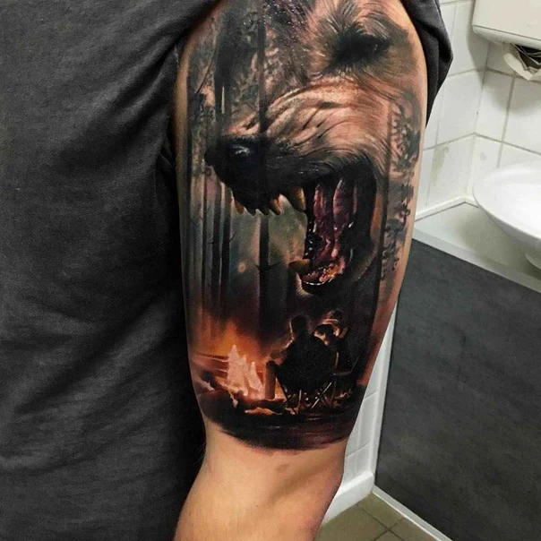 Realism Bear, Forest tattoo on Full Sleeve